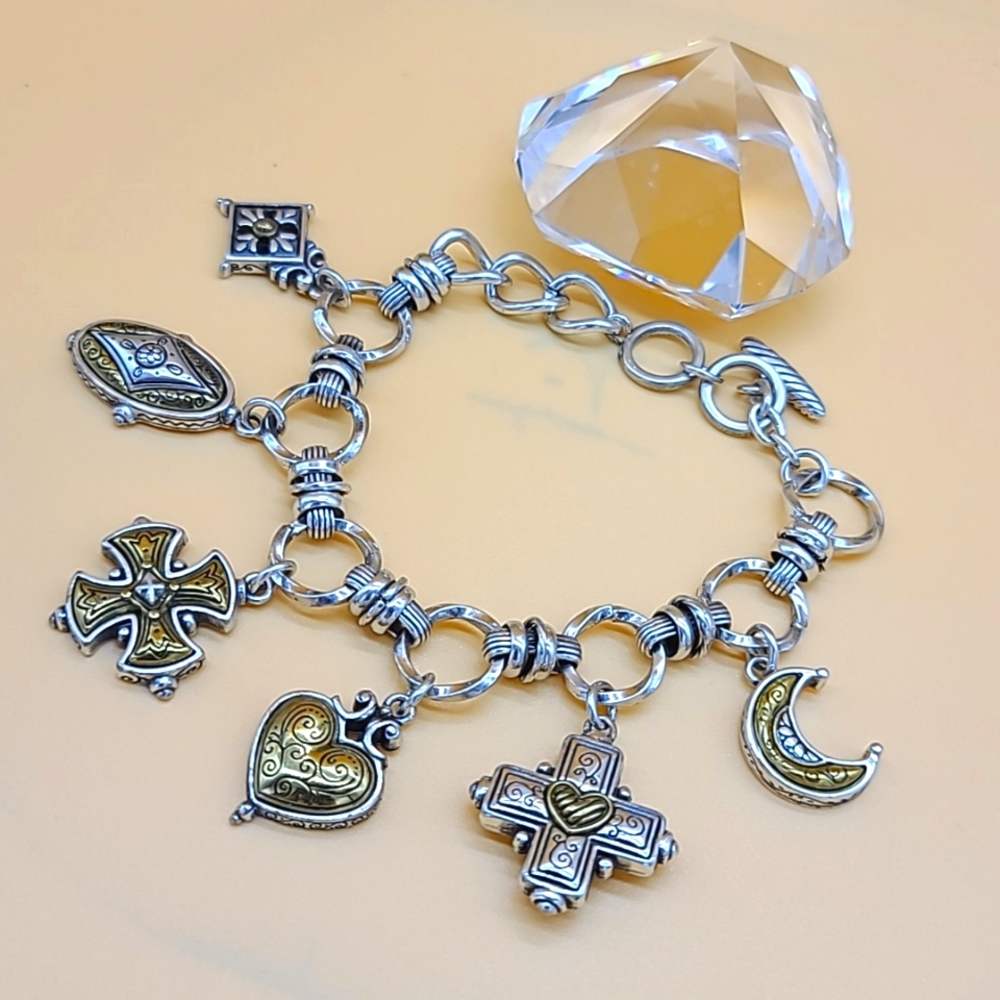 Brighton "CHERISH" Multiple Two-Tone Cross, Moon, & Heart Charm Bracelet RARE!!